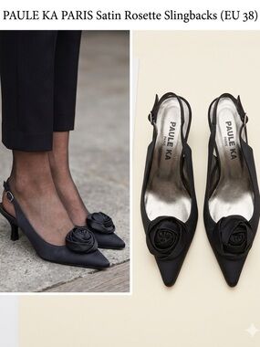 Paule Ka Paris Black Satin Slingback Kitten Heels Rosette Size 38 (US 7.5-8)